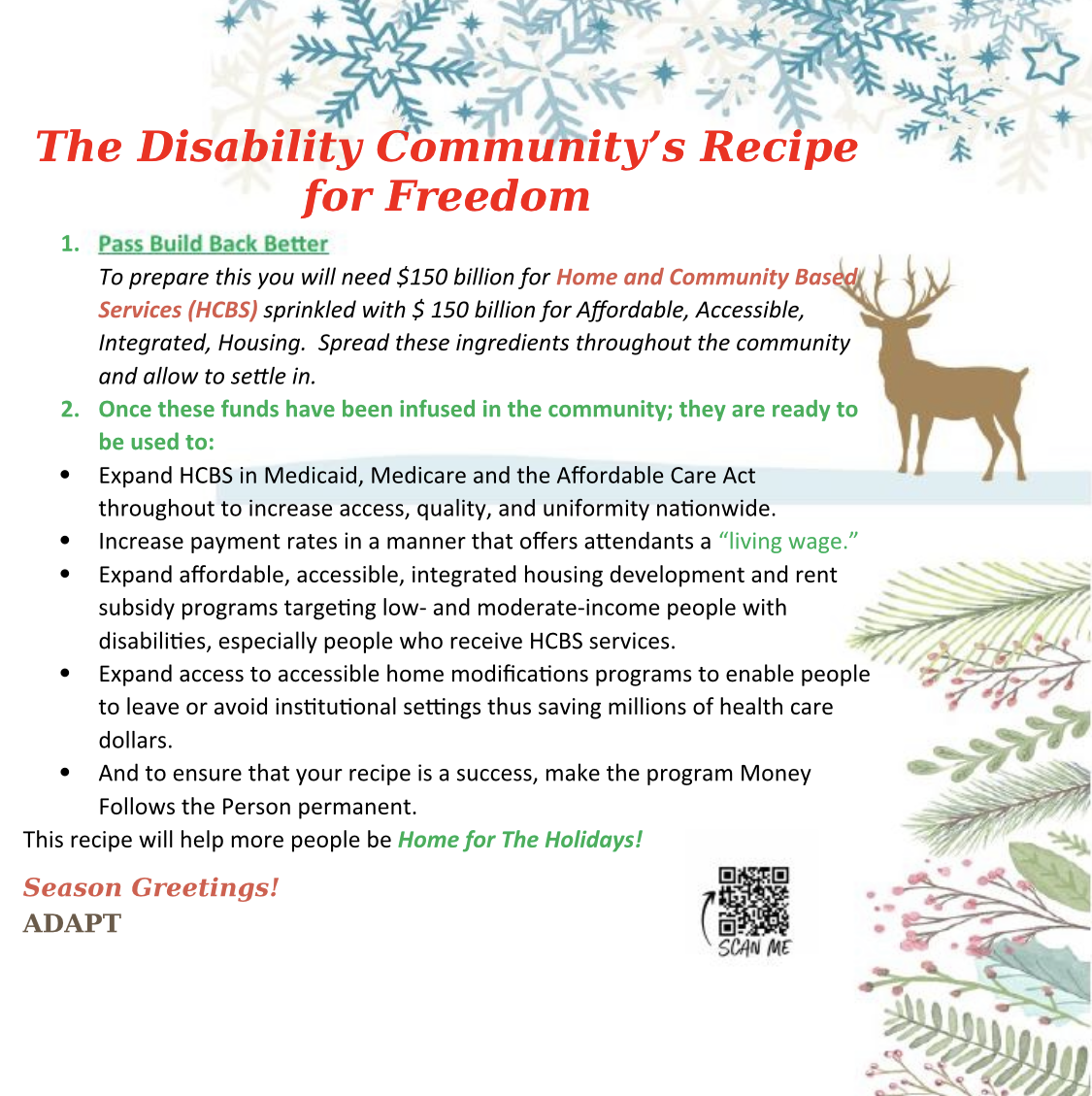 Photo Description: Recipe style format. White and blue snowflakes run across the top of the page. Along the right side of the page is a deer and various style leaves.